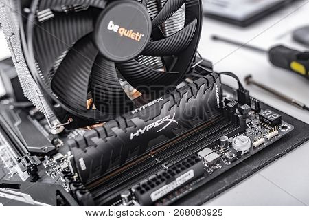 Uzhgorod, Ukraine - October 25, 2018: Motherboard Asus Rog Crosshair Vii Hero With Installed Cooler 