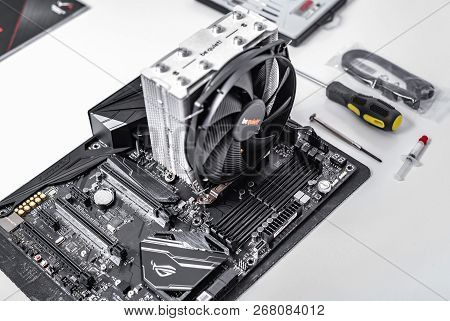 Uzhgorod, Ukraine - October 25, 2018: Motherboard Asus Rog Crosshair Vii Hero With Installed Cooler 