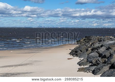 New York City Off In The Distance From Bayshore Waterfront Park In Monmouth County Nj.