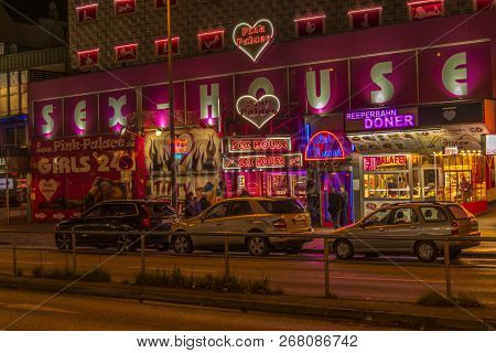 Hamburg, Germany, 22 November 2017. The Red Light District At Night. Sex Shops, Bars And Restaurants