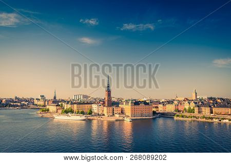 Aerial Panoramic Top View Of Riddarholmen District, Riddarholm Church And Typical Sweden Gothic Buil