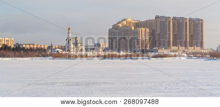 Panorama The Cathedral Of The Transfiguration In Surgut On A Winter Day Near The Modern Residential 