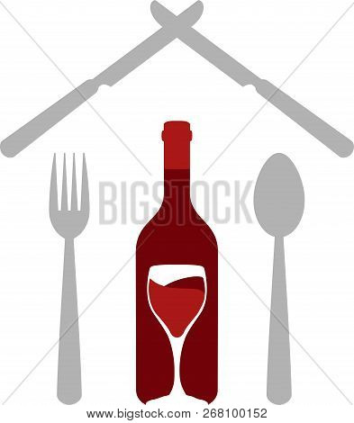 Wine Bottle And Glass, Knife, Fork And Spoon As A House, Restaurant Logo