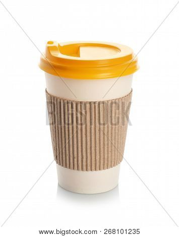 Takeaway Paper Coffee Cup With Lid And Cardboard Sleeve On White Background