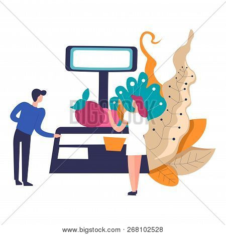 Counter Of Salesperson, Weight And Apple With Leaves