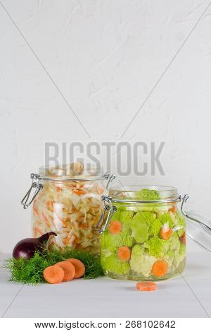 Home Made Cultured Vegetables In Jars Fermenting To Be Used As A Probiotic Food. Canned Food Concept