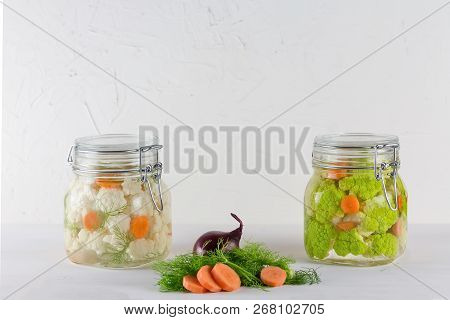 Home Made Cultured Vegetables In Jars Fermenting To Be Used As A Probiotic Food. Canned Food Concept