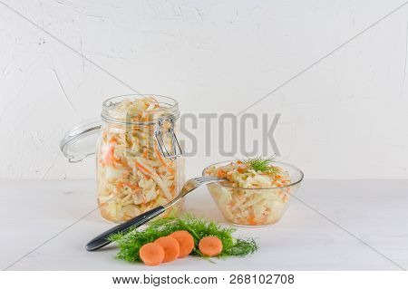 Home Made Cultured Vegetables In Jars Fermenting To Be Used As A Probiotic Food. With Copy Space