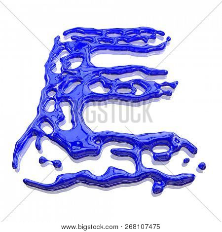 Letter E made of blue paint drops isolated on white background. 3d rendering.