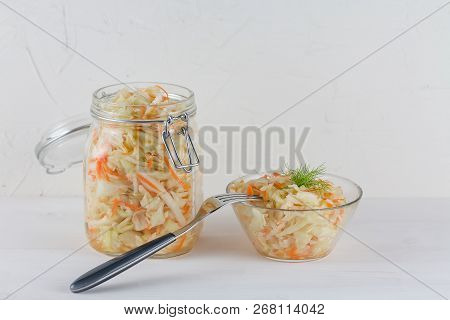 Home Made Cultured Vegetables In Jars Fermenting To Be Used As A Probiotic Food. Canned Food Concept