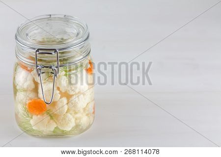 Home Made Cultured Vegetables In Jars Fermenting To Be Used As A Probiotic Food. Canned Food Concept