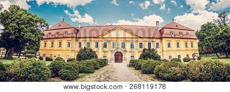 Marchegg Castle, Austria. Panoramic Photo. Architectural Scene. Travel Destination. Red Photo Filter