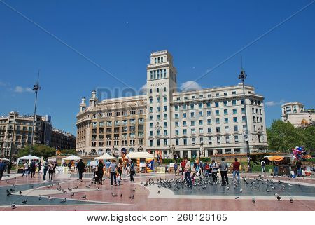 BARCELONA, SPAIN - APRIL 17, 2018: LLibertat Presos Politics (Free Political Prisoners) stands in Placa Catalunya. The campaign backs Catalan politicians jailed after the declaration of independence.