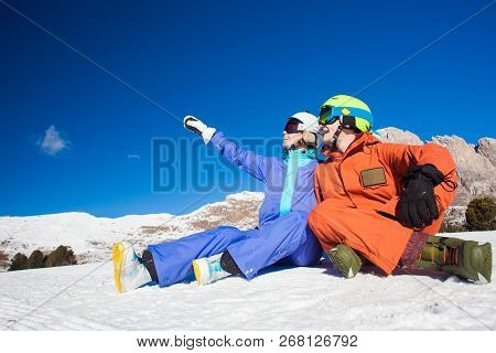 A Couple On Mountain Vacation. Dolomiti Superski, Itlay