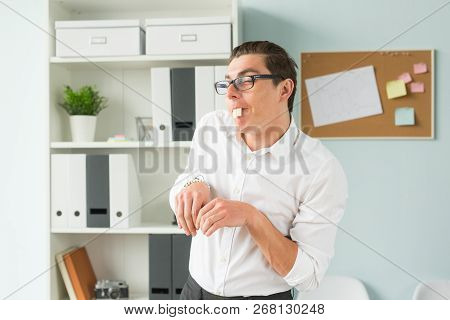 Joke, Humor, People Concept - Man Put Bubble Gum In His Mouth Looks Like He Is Beaver