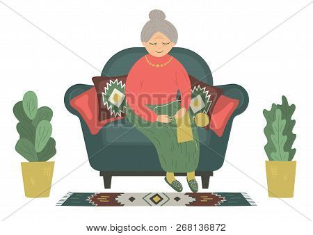 Hand Drawn Senior Woman Knitting In Armchair. Vector Illustration On White Background.