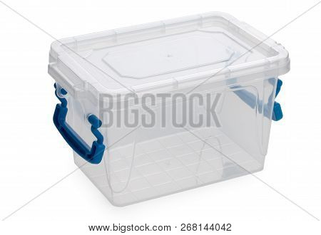 Empty Plastic Container, Storage Box, Lunch Box With A Blue Handles, Isolated On A White Background.