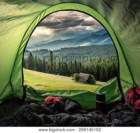 View From Tent To Green Valley In Tatra Mountains