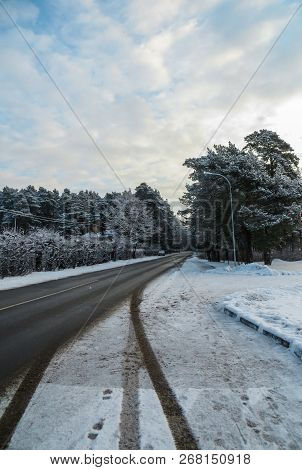 First Snow. Trees Brought By Snow In Jurmala, Latvia 2018