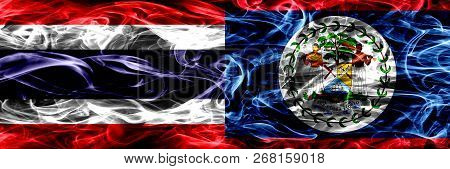 Thailand Vs Belize, Belizean Smoke Flags Placed Side By Side. Thick Abstract Colored Silky Smoke Fla