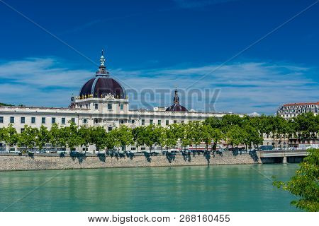 Rhone River And Hotel-dieu. Hotel-dieu Was A Hospital Of Historical Significance On The West Bank Of