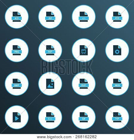 Types Icons Colored Set With Programming Language, File Code, File Bmp And Other True Type Elements.