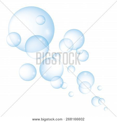 Transparent Blue Water Bubbles On White Background, Vector Illustration