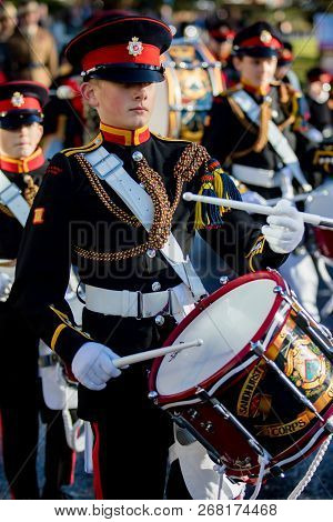 Sandhurst, United Kingdom, 11th November 2018:- Cadets From Sandhurst Corps Of Drums March To Sandhu