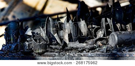 Close Up Damaged Supermarket Glass Plastic Bottles After Arson Fire With Burn Black Dark Debris Afte