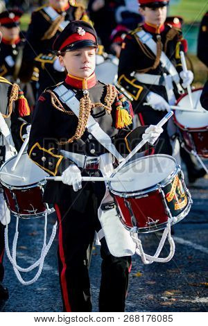 Sandhurst, United Kingdom, 11th November 2018:- Cadets From Sandhurst Corps Of Drums March To Sandhu