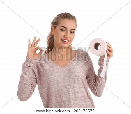 Beautiful Young Woman Holding Toilet Paper Roll On White Background