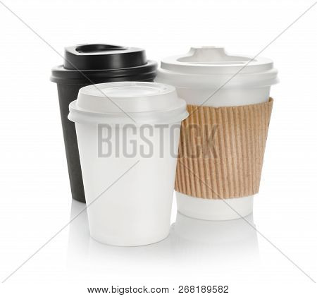 Takeaway Paper Coffee Cups With Lids On White Background. Space For Design