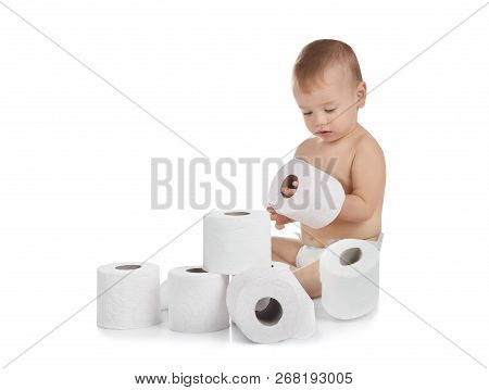 Cute Toddler Playing With Toilet Paper On White Background