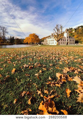 Magical Autumn Lake Landscape In The Park Of Castle Hernstein In Austria