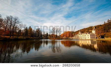 Magical Autumn Lake Landscape In The Park Of Castle Hernstein In Austria