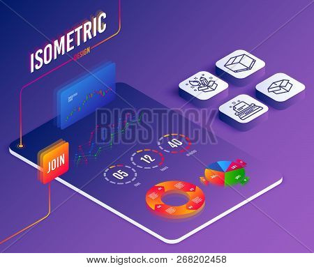 Isometric Set Of Opened Box, Delivery Box And Creativity Icons. Typewriter Sign. Shipping Parcel, Ca