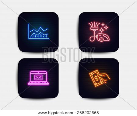Neon Set Of E-mail, Trade Infochart And Vacuum Cleaner Icons. Pay Money Sign. New Message, Business 