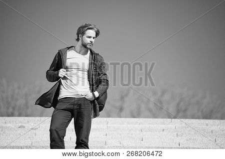One More Step. Man Handsome Guy Enjoy Morning Walk Blue Sky Background Copy Space. Morning Fill Ener