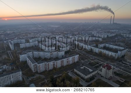 Aerial View Of Town In Autumn At Sunset. Energodar, Ukraine. The Satellite City Of Europe's Most Ato