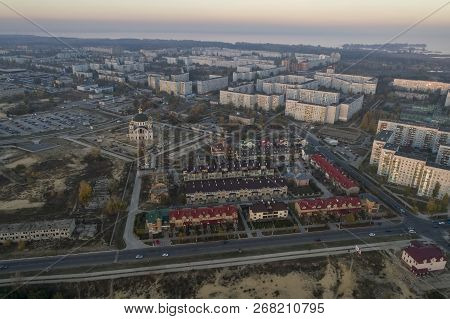 Aerial View Of Town In Autumn At Sunset. Energodar, Ukraine. The Satellite City Of Europe's Most Ato