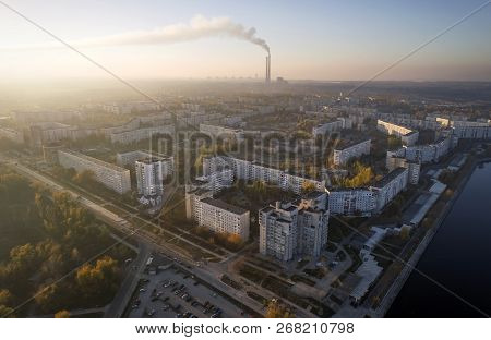 Aerial View Of Town In Autumn At Sunset. Energodar, Ukraine. The Satellite City Of Europe's Most Ato