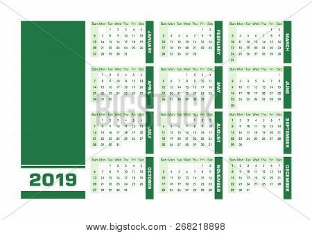 Green 2019 English Calendar. Vector Illustration With Blank Space For Your Contents. All Elements So