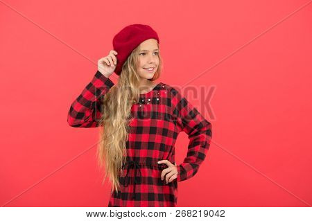 Beret Style Inspiration. How To Wear Beret Like Fashion Girl. Kid Little Cute Girl With Long Hair Po