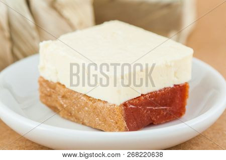 Traditional Colombian Sweet From The Velez Town In Santander Called Bocadillo Served With White Chee