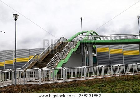 Elevated Pedestrian Crossing From The Inside. Safe Passage Across The Road