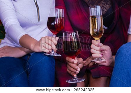 Christmas Party With Champagne Glasses On New Year Party.
