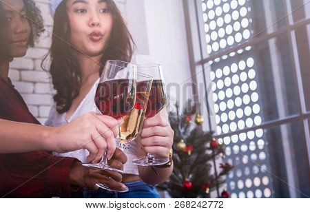 Christmas Party With Champagne Glasses On New Year Party.