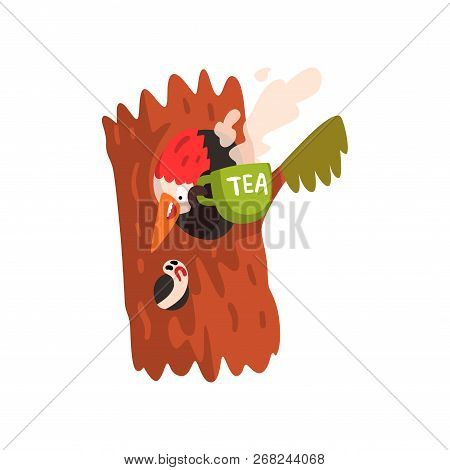Funny Woodpecker Sitting In The Hollow With A Cup Of Tea, Cute Bird Cartoon Character Vector Illustr
