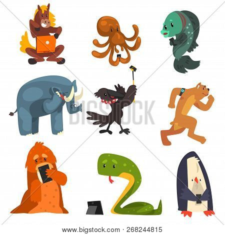 Wild Animals Using Gadgets Set, Horse, Octopus, Fish, Elephant, Crow, Dog, Snake, Penguin Using Smar
