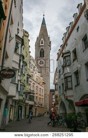 Bressanone, Italy - July 21, 2018:  Bell Tower Of Church St.michael In Bressanone, Italy